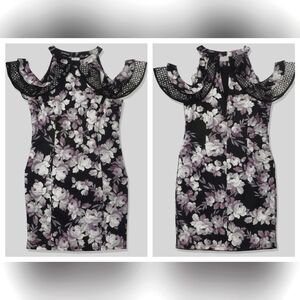 Bebe 8 Black & Pink Floral Mini cocktail dress Cold Shoulder Ruffle